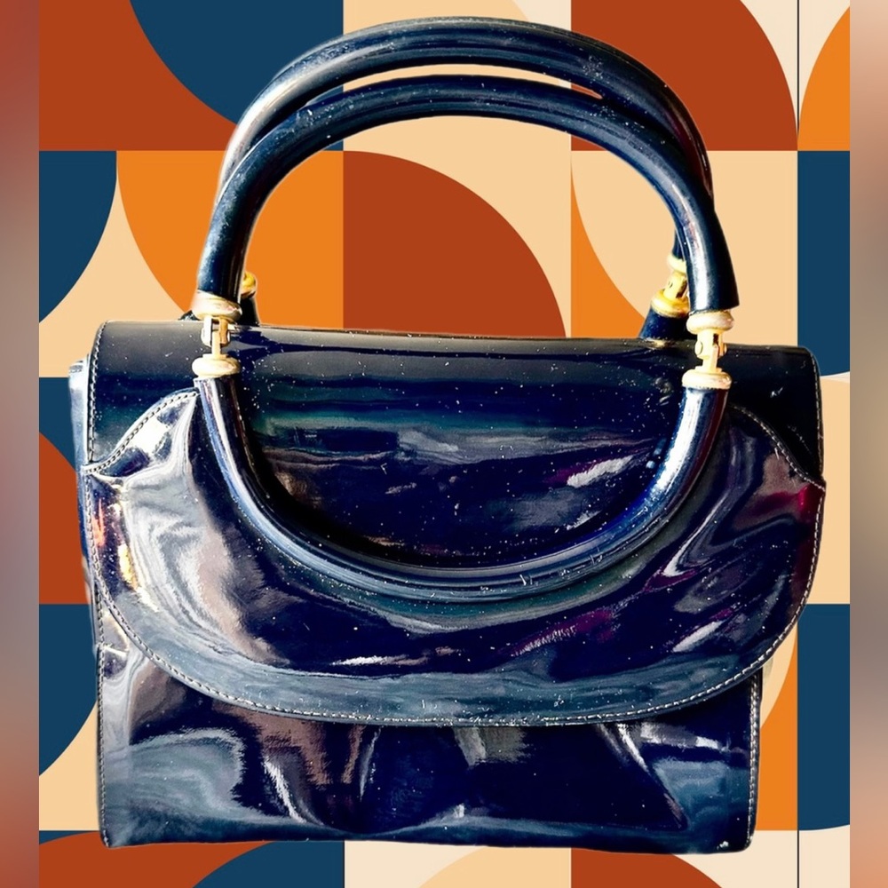 Susan Gail (signed) Vintage Deep Navy Patent Leather w/Brass Mini Satchel
